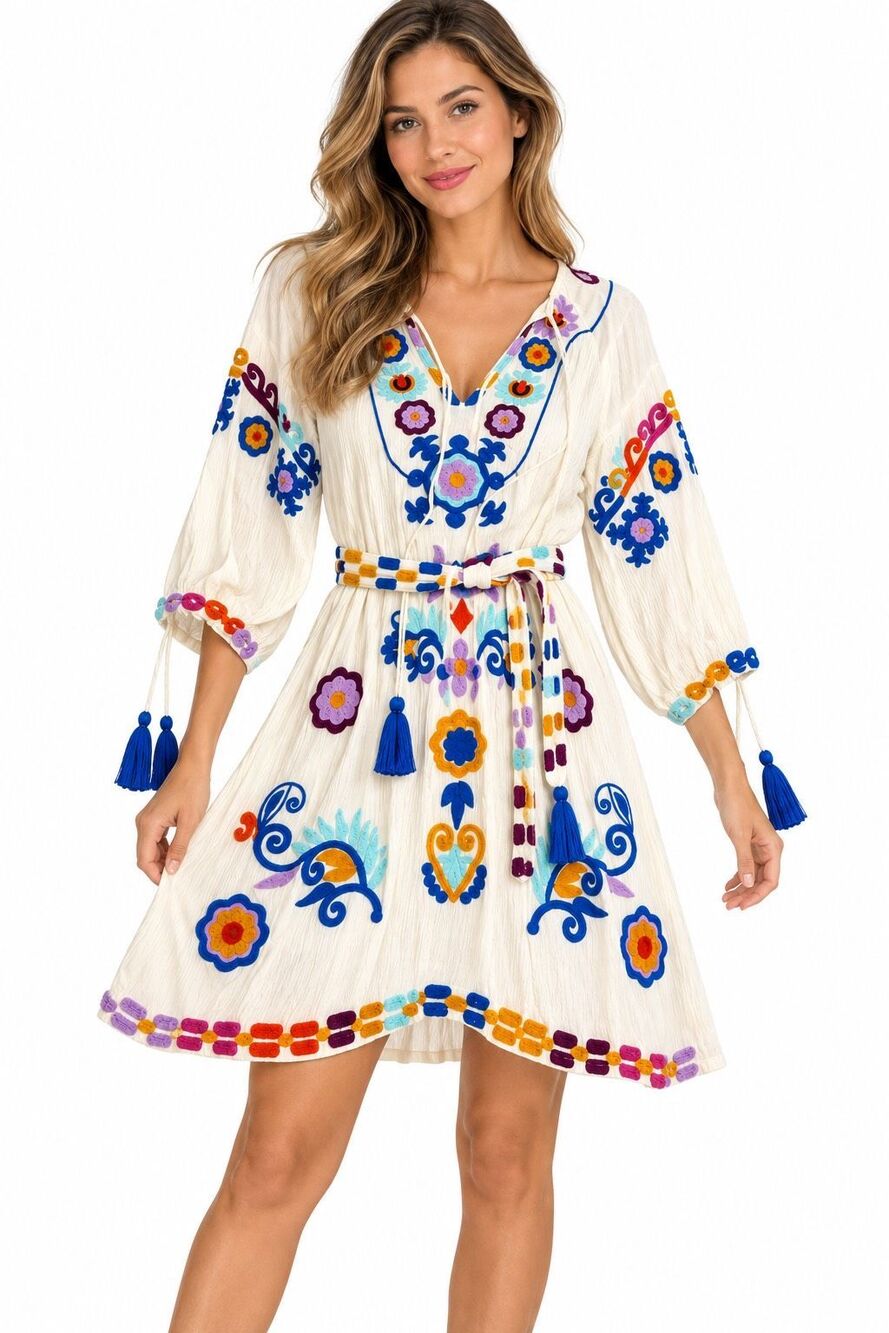 Z&L Europe Embroidered Boho Tunic Dress Cream Multicolor Tassels Size Medium